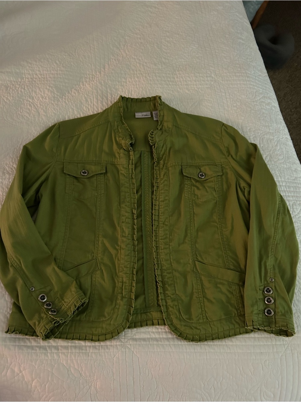Chico's Olive/Lime Green Ruffle-Edge Denim Jacket